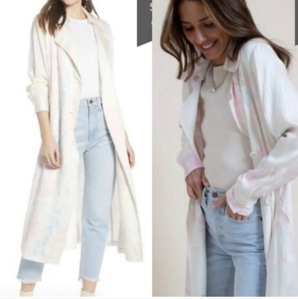 Something Navy Satin Trench Coat Pink Tie Dye XS